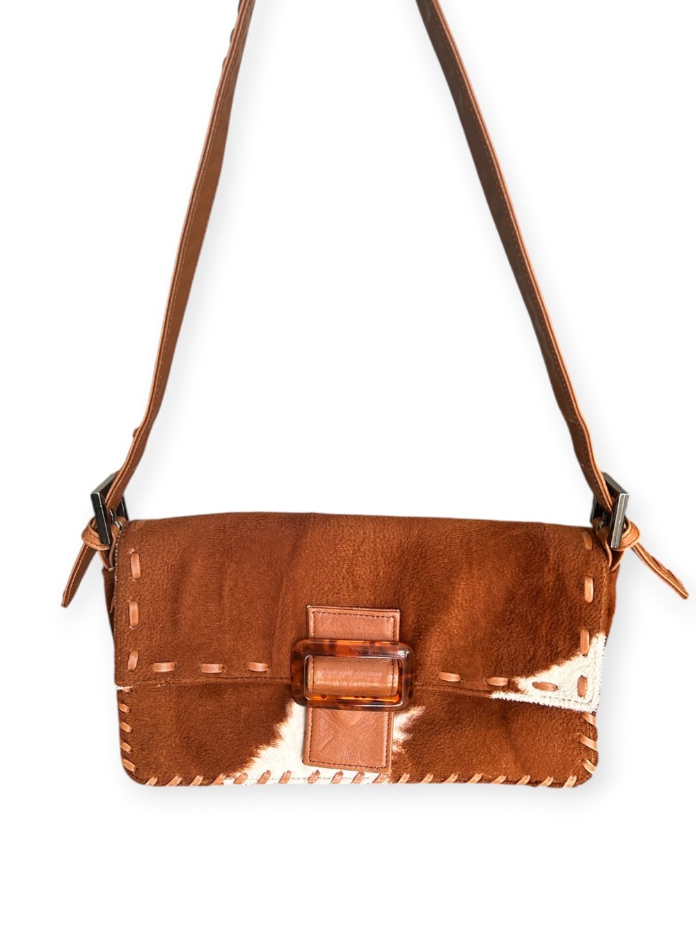 Brown Cowhide Faux Leather Shoulder Bag